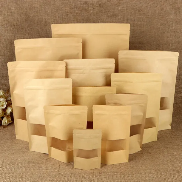 100pcs/lot Kraft Paper Bag Self Sealing Stand Up Bags With Transparent Window For Dried Food/Snack/Fruit/Tea/Gift Packaging