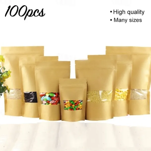 100pcs/lot Kraft Paper Bag Self Sealing Stand Up Bags With Transparent Window For Dried Food/Snack/Fruit/Tea/Gift Packaging