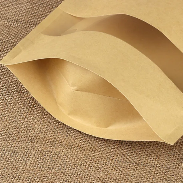 100pcs/lot Kraft Paper Bag Self Sealing Stand Up Bags With Transparent Window For Dried Food/Snack/Fruit/Tea/Gift Packaging