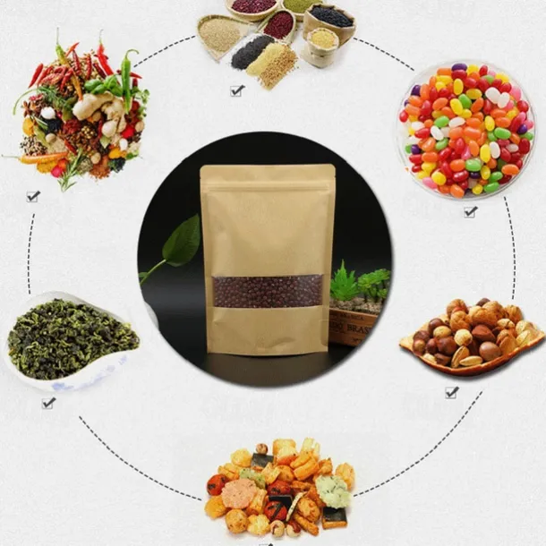 100pcs/lot Kraft Paper Bag Self Sealing Stand Up Bags With Transparent Window For Dried Food/Snack/Fruit/Tea/Gift Packaging
