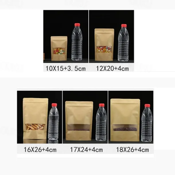 100pcs/lot Kraft Paper Bag Self Sealing Stand Up Bags With Transparent Window For Dried Food/Snack/Fruit/Tea/Gift Packaging