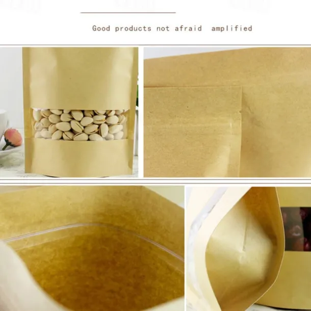 100pcs/lot Kraft Paper Bag Self Sealing Stand Up Bags With Transparent Window For Dried Food/Snack/Fruit/Tea/Gift Packaging
