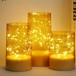 3pcs/Set Acylinder Flameless Candles With Remote, Embedded String Lights & Timer - Perfect for Halloween Decor & Home Decor