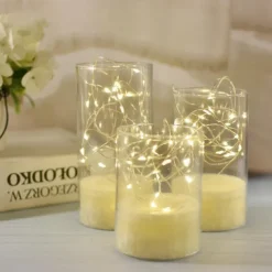 3pcs/Set Acylinder Flameless Candles With Remote, Embedded String Lights & Timer - Perfect for Halloween Decor & Home Decor