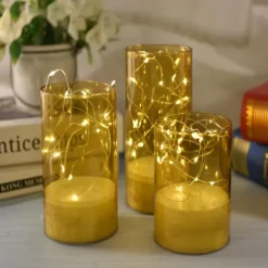 3pcs/Set Acylinder Flameless Candles With Remote, Embedded String Lights & Timer - Perfect for Halloween Decor & Home Decor