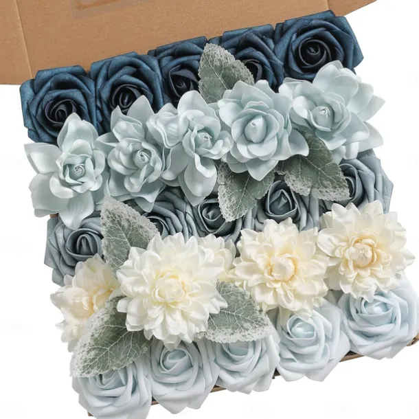 25pcs/set Artificial Flowers Wedding Decoration Rose Bouquets Valentine's Day Gift Real Looking Ivory Foam Fake Roses with Stems for DIY Wedding Bouquets White Bridal