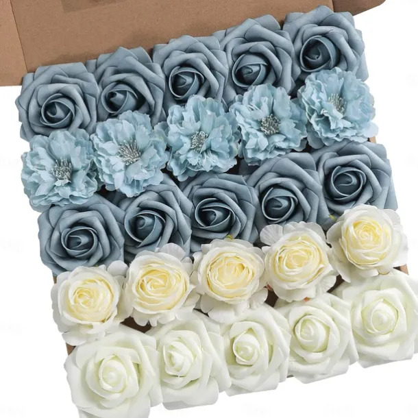 25pcs/set Artificial Flowers Wedding Decoration Rose Bouquets Valentine's Day Gift Real Looking Ivory Foam Fake Roses with Stems for DIY Wedding Bouquets White Bridal