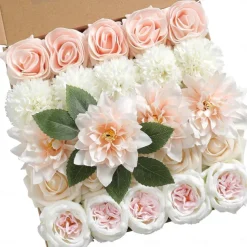 25pcs/set Artificial Flowers Wedding Decoration Rose Bouquets Valentine's Day Gift Real Looking Ivory Foam Fake Roses with Stems for DIY Wedding Bouquets White Bridal
