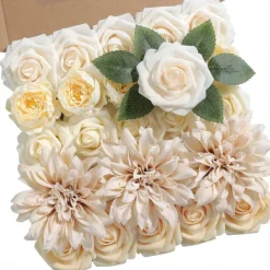 25pcs/set Artificial Flowers Wedding Decoration Rose Bouquets Valentine's Day Gift Real Looking Ivory Foam Fake Roses with Stems for DIY Wedding Bouquets White Bridal
