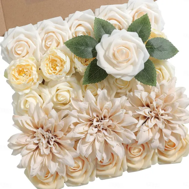 25pcs/set Artificial Flowers Wedding Decoration Rose Bouquets Valentine's Day Gift Real Looking Ivory Foam Fake Roses with Stems for DIY Wedding Bouquets White Bridal