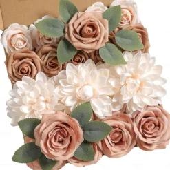 25pcs/set Artificial Flowers Wedding Decoration Rose Bouquets Valentine's Day Gift Real Looking Ivory Foam Fake Roses with Stems for DIY Wedding Bouquets White Bridal