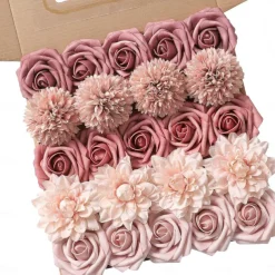 25pcs/set Artificial Flowers Wedding Decoration Rose Bouquets Valentine's Day Gift Real Looking Ivory Foam Fake Roses with Stems for DIY Wedding Bouquets White Bridal