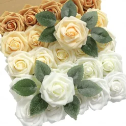 25pcs/set Artificial Flowers Wedding Decoration Rose Bouquets Valentine's Day Gift Real Looking Ivory Foam Fake Roses with Stems for DIY Wedding Bouquets White Bridal