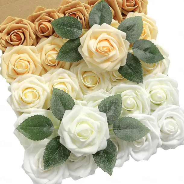 25pcs/set Artificial Flowers Wedding Decoration Rose Bouquets Valentine's Day Gift Real Looking Ivory Foam Fake Roses with Stems for DIY Wedding Bouquets White Bridal