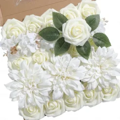 25pcs/set Artificial Flowers Wedding Decoration Rose Bouquets Valentine's Day Gift Real Looking Ivory Foam Fake Roses with Stems for DIY Wedding Bouquets White Bridal