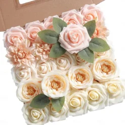 25pcs/set Artificial Flowers Wedding Decoration Rose Bouquets Valentine's Day Gift Real Looking Ivory Foam Fake Roses with Stems for DIY Wedding Bouquets White Bridal