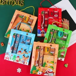 6pcs/set Christmas Portable Stationery Gift Box Set Contain 2 Pencils 1 Pencil Sharpener 1 Eraser 1 Ruler 1 Sticky Note Paper For Primary School Student Children Learning Gift Award