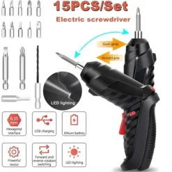 15PCS/Set Foldable Electric Screwdriver Repairing Tools Screw Tightening USB Charging With LED Lighting For Maintenance Installation