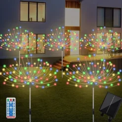 5pcs/set Outdoor Solar Fireworks Lights, 120LED Lawn Flower Lights, Outdoor Waterproof Solar Garden Fireworks Lights with Remote Control, Suitable for Villa Garden, Yard Balcony, Pathway Lawn, Holiday