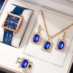 5pcs/set Women's Watch Vintage Square Pointer Quartz Watch Analog Green Wrist Watch & Rhinestone Jewelry Set, Gift For Mom Her