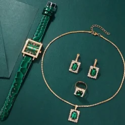 5pcs/set Women's Watch Vintage Square Pointer Quartz Watch Analog Green Wrist Watch & Rhinestone Jewelry Set, Gift For Mom Her