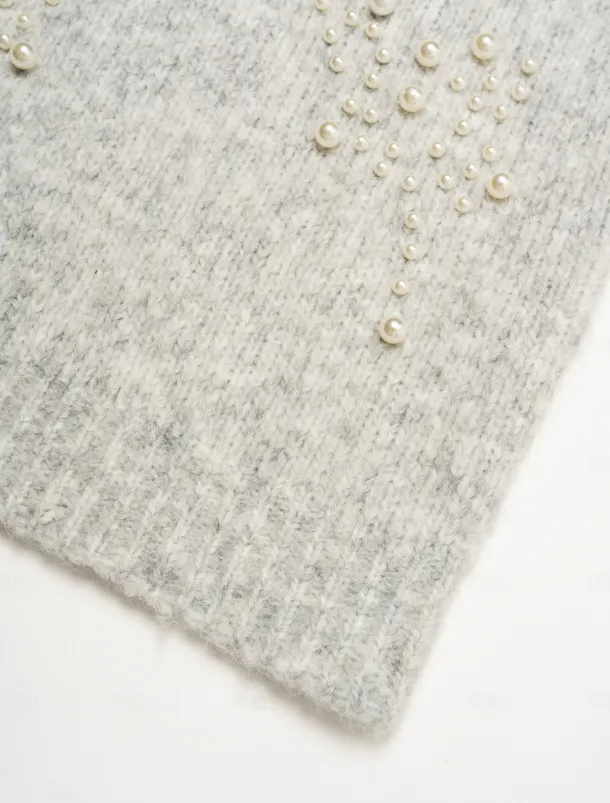 Pearl Beaded Crew Neck Pullover Sweater
