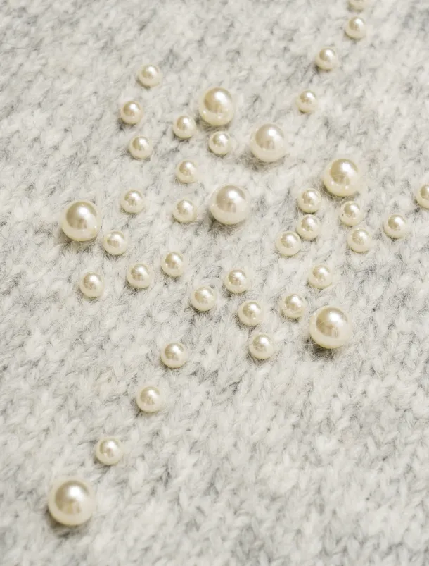 Pearl Beaded Crew Neck Pullover Sweater