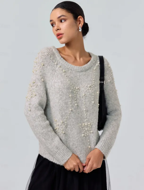 Pearl Beaded Crew Neck Pullover Sweater