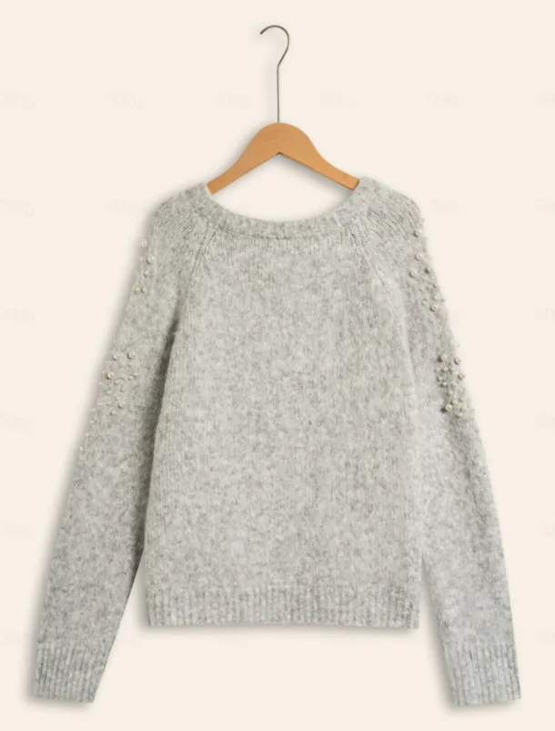 Pearl Beaded Crew Neck Pullover Sweater