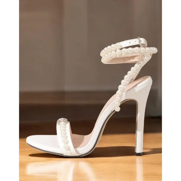 Pearl-Embellished Stiletto Heel Wedding Sandals for Women – Elegant Open-Toe Bridal Shoes with Ankle Strap