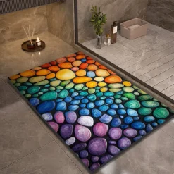 Pebble Bathroom Rug, Polyester Rectangle Door Mat, Super Absorbent, Non-Slip, Easy-to-Clean, Stain-Resistant Bath Mat