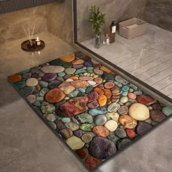 Pebble Bathroom Rug, Polyester Rectangle Door Mat, Super Absorbent, Non-Slip, Easy-to-Clean, Stain-Resistant Bath Mat