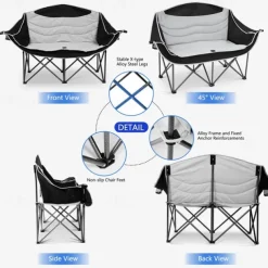 2-Person Oversized Camping Chair with 650 lb Capacity - Padded, Wine Glass Rack & Cup Holders, Lightweight Portable Foldable Design, Durable 600D Oxford Fabric & Steel Frame for Camping, Beach, Backya