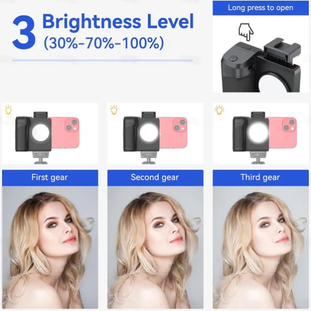 PH-14 Fill Light, Wireless Bluetooth Remote Control Three-Gear Adjustable Selfie Light, Smartphone Camera Shutter Handle Grip Detachable for iPhone Samsung Google OnePlus Phones Video/Photo Shooting