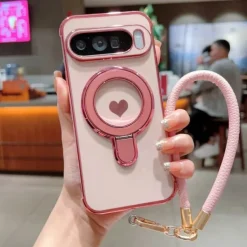 Phone Case For Google Pixel 9 Pro Pixel 9 Pro XL Pixel 8 Pro Pixel 8 Pixel 9 Back Cover with Stand Holder with Wrist Strap Shockproof Retro Plating