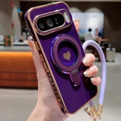 Phone Case For Google Pixel 9 Pro Pixel 9 Pro XL Pixel 8 Pro Pixel 8 Pixel 9 Back Cover with Stand Holder with Wrist Strap Shockproof Retro Plating