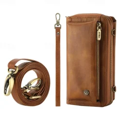 Phone Case For iPhone 16 15 14 Pro Max Plus 13 12 11 Pro Max Mini Back Cover Wallet Case with Stand Holder Zipper with Lanyard Retro TPU PU Leather