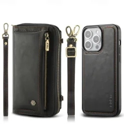 Phone Case For iPhone 16 15 14 Pro Max Plus 13 12 11 Pro Max Mini Back Cover Wallet Case with Stand Holder Zipper with Lanyard Retro TPU PU Leather