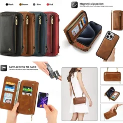 Phone Case For iPhone 16 15 14 Pro Max Plus 13 12 11 Pro Max Mini Back Cover Wallet Case with Stand Holder Zipper with Lanyard Retro TPU PU Leather