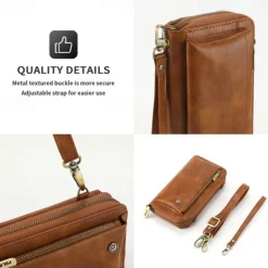 Phone Case For iPhone 16 15 14 Pro Max Plus 13 12 11 Pro Max Mini Back Cover Wallet Case with Stand Holder Zipper with Lanyard Retro TPU PU Leather