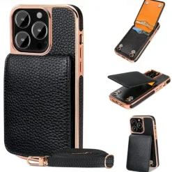 Phone Case For iPhone 16 15 14 Pro Max Plus 13 Pro Max Back Cover with Stand Holder Magnetic with Lanyard Retro Plating PU Leather
