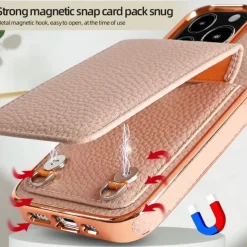 Phone Case For iPhone 16 15 14 Pro Max Plus 13 Pro Max Back Cover with Stand Holder Magnetic with Lanyard Retro Plating PU Leather