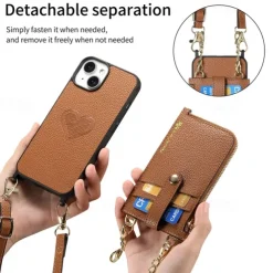 Phone Case For iPhone 16 15 14 Pro Max Plus 13 12 Pro Max Wallet Case Detachable Zipper with Lanyard Heart Retro TPU PU Leather