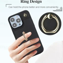 Phone Case For iPhone 16 15 14 Pro Max Plus 13 12 11 Pro Max Back Cover Ring Holder with Lanyard Card Slot Retro TPU PU Leather