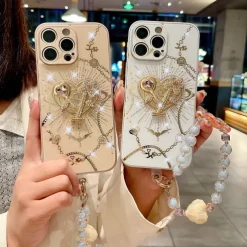 Phone Case For iPhone 16 15 14 Pro Max Plus 13 12 Pro Max Back Cover with Stand Holder with Wrist Strap Shockproof Retro TPU PC