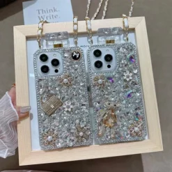 Phone Case For iPhone 16 15 14 Pro Max Plus 13 12 11 Pro Max Mini Back Cover with Lanyard Non-Yellowing Bling Glitter Shiny Flower Floral TPU Rhinestone