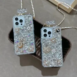 Phone Case For iPhone 16 15 14 Pro Max Plus 13 12 11 Pro Max Mini Back Cover with Lanyard Non-Yellowing Bling Glitter Shiny Flower Floral TPU Rhinestone