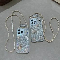 Phone Case For iPhone 16 15 14 Pro Max Plus 13 12 11 Pro Max Mini Back Cover with Lanyard Non-Yellowing Bling Glitter Shiny Flower Floral TPU Rhinestone