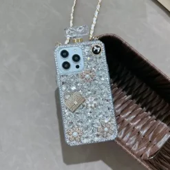 Phone Case For iPhone 16 15 14 Pro Max Plus 13 12 11 Pro Max Mini Back Cover with Lanyard Non-Yellowing Bling Glitter Shiny Flower Floral TPU Rhinestone