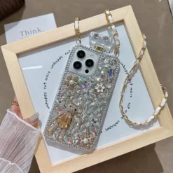 Phone Case For iPhone 16 15 14 Pro Max Plus 13 12 11 Pro Max Mini Back Cover with Lanyard Non-Yellowing Bling Glitter Shiny Flower Floral TPU Rhinestone